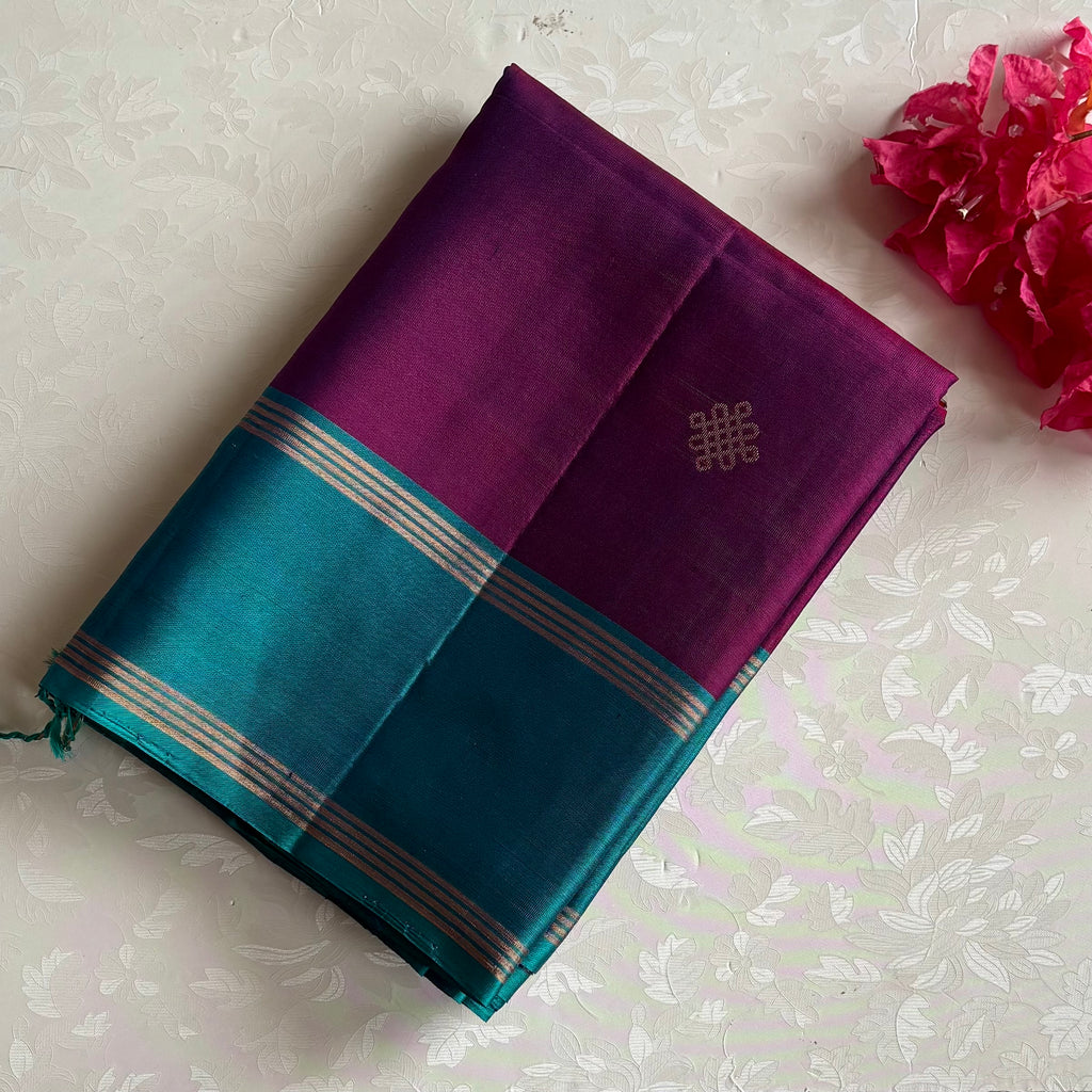 Deep Magenta Kollam Zari Designer Pure Silk Saree With Peacock Teal Pallu