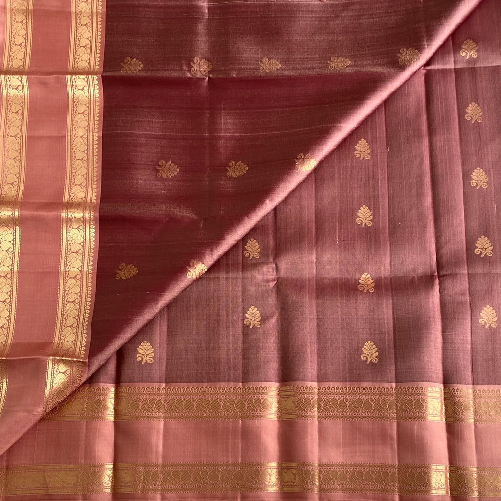 Rarest Metallic Bronze Designer Pure Silk Saree With Dusty Rose Zari Pallu
