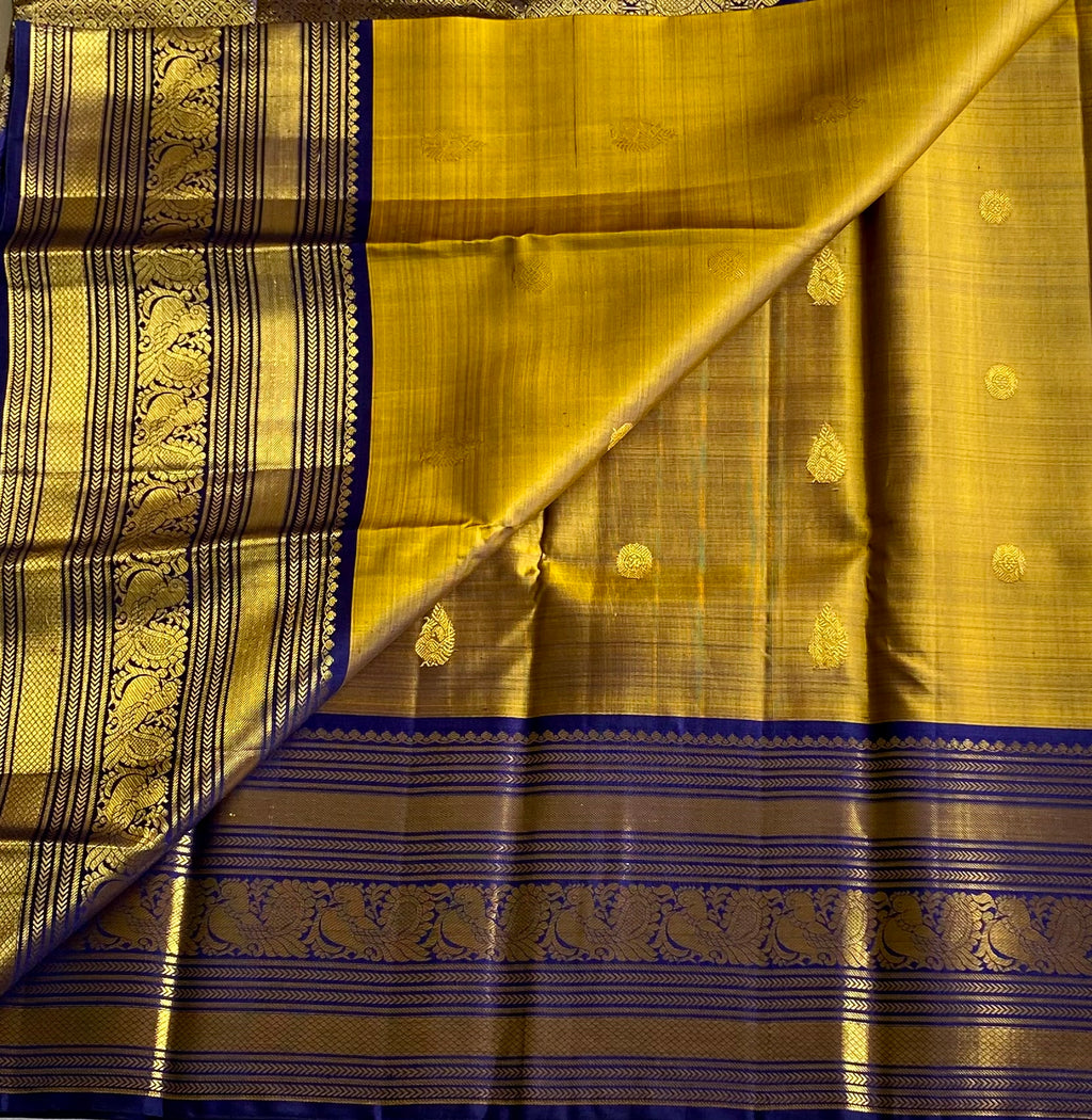 Mustard Yellow Royal Blue Silk Saree with Gold Zari Border