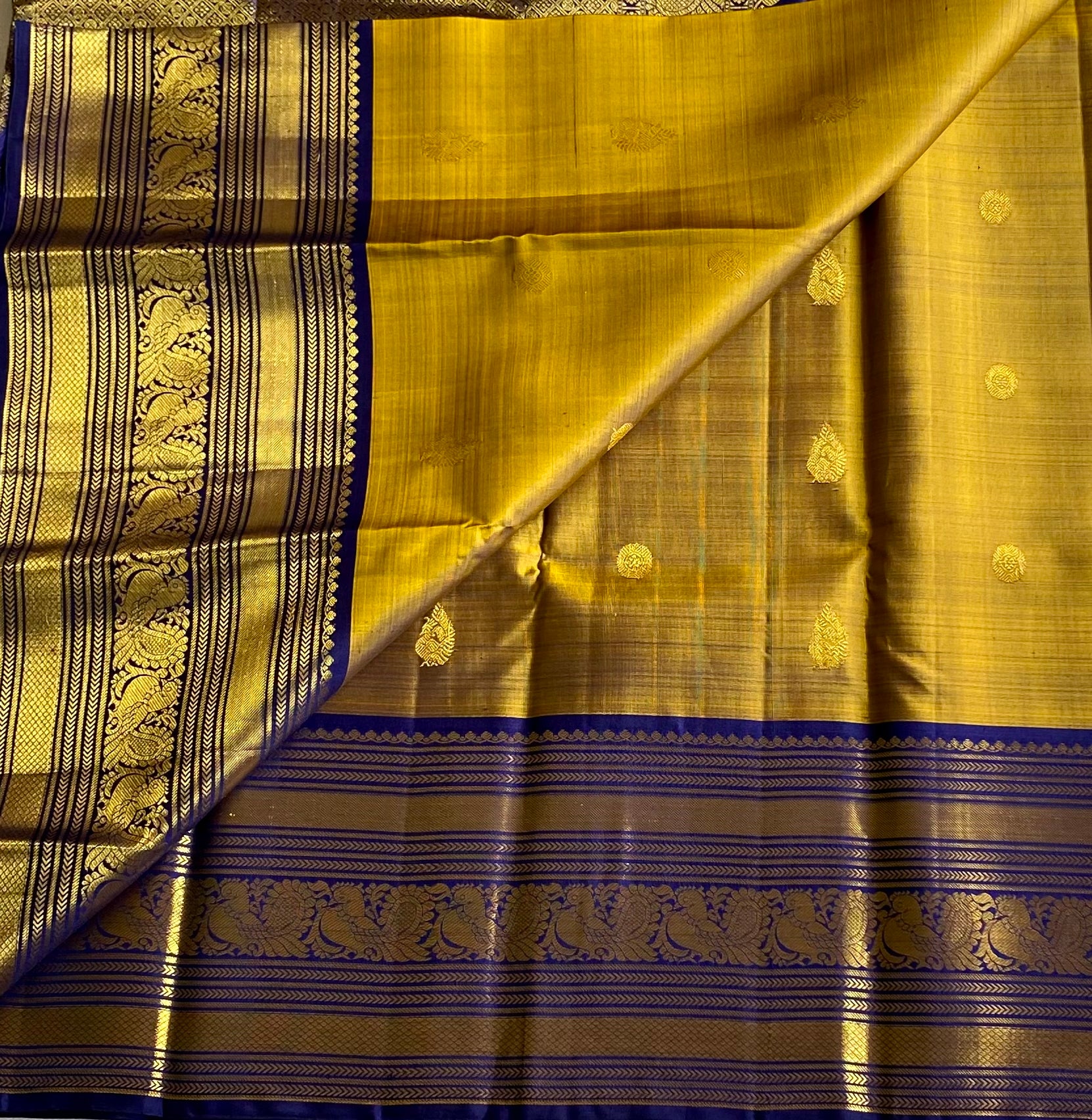 Mustard Yellow Royal Blue Silk Saree with Gold Zari Border