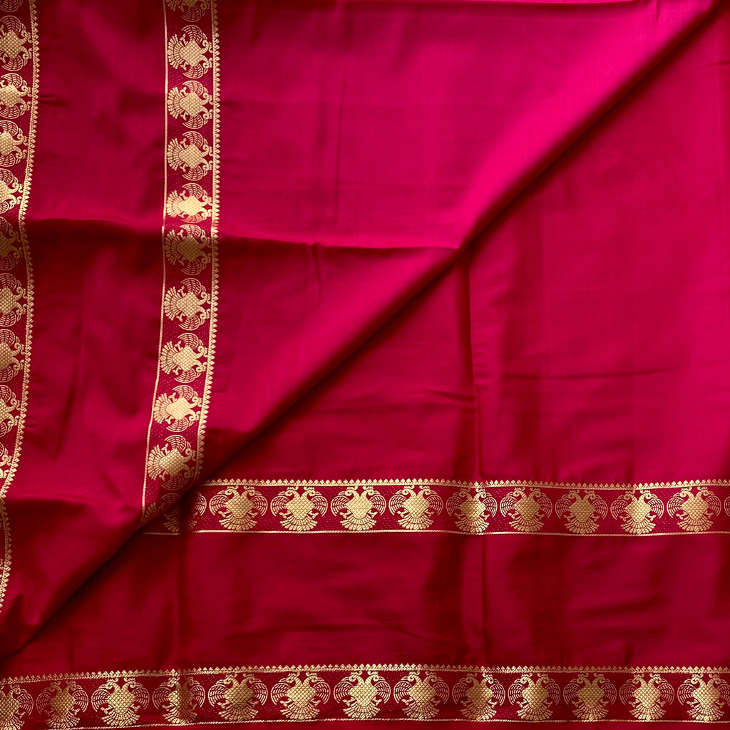 Magenta Silk Saree Gold Zari Stripes Floral Border Festive Wear