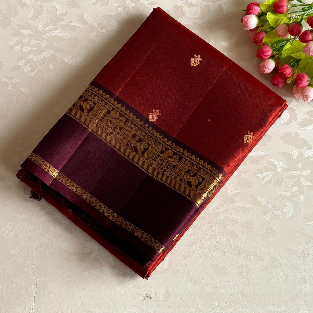 Burnt Orange Designer Pure Silk Saree With Deep Purple Paisley Pallu