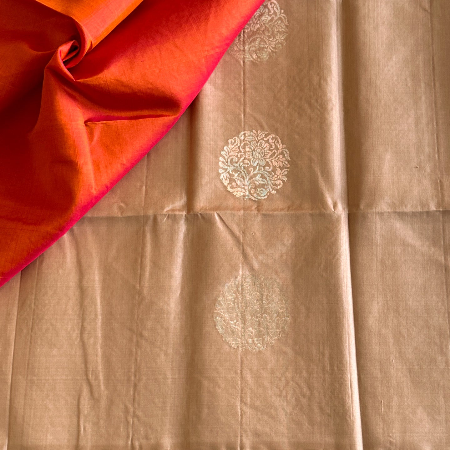 Classy Champagne Beige with Sunset Orange Pure Silk Saree