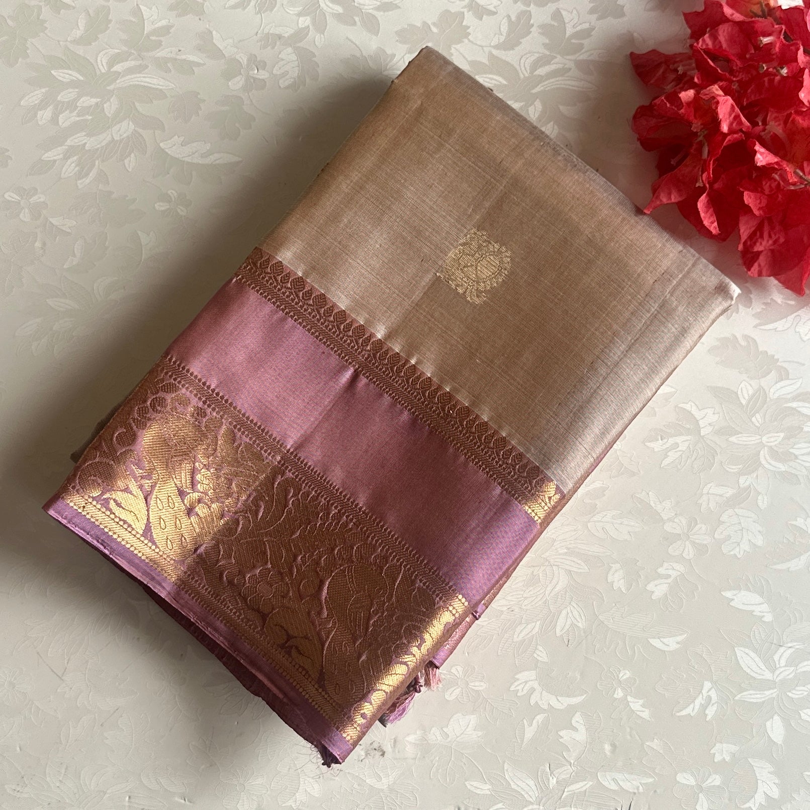 Champagne Beige Designer Pure Silk With Metallic Lavender Gold Border