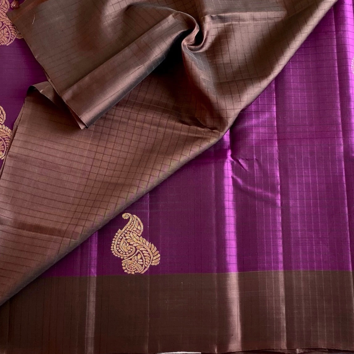 Chocolate Brown Designer Pure Silk Saree With Royal Purple Pallu