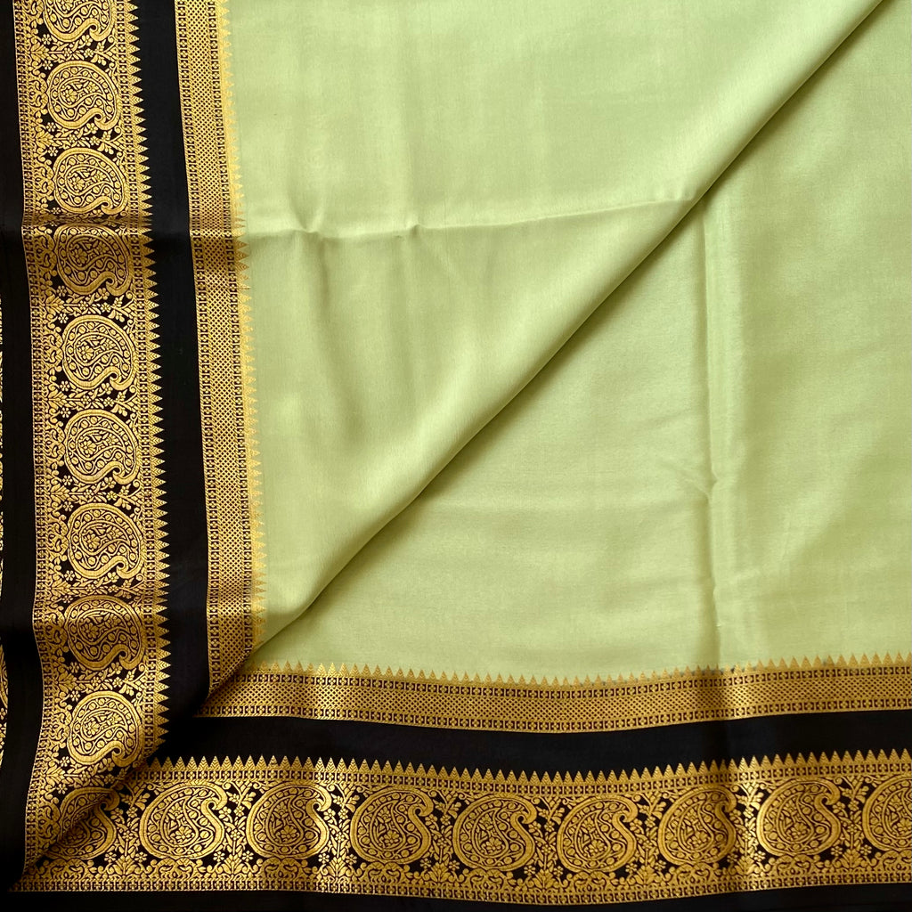 Pistachio Silk Saree with Black Gold Paisley Border for Festivities