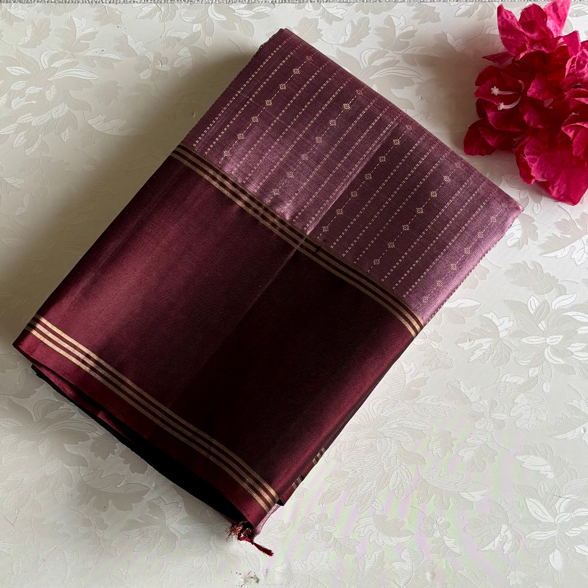 Metallic Mauve & Burgundy Designer Pure Silk Saree With Intricate Gold Zari