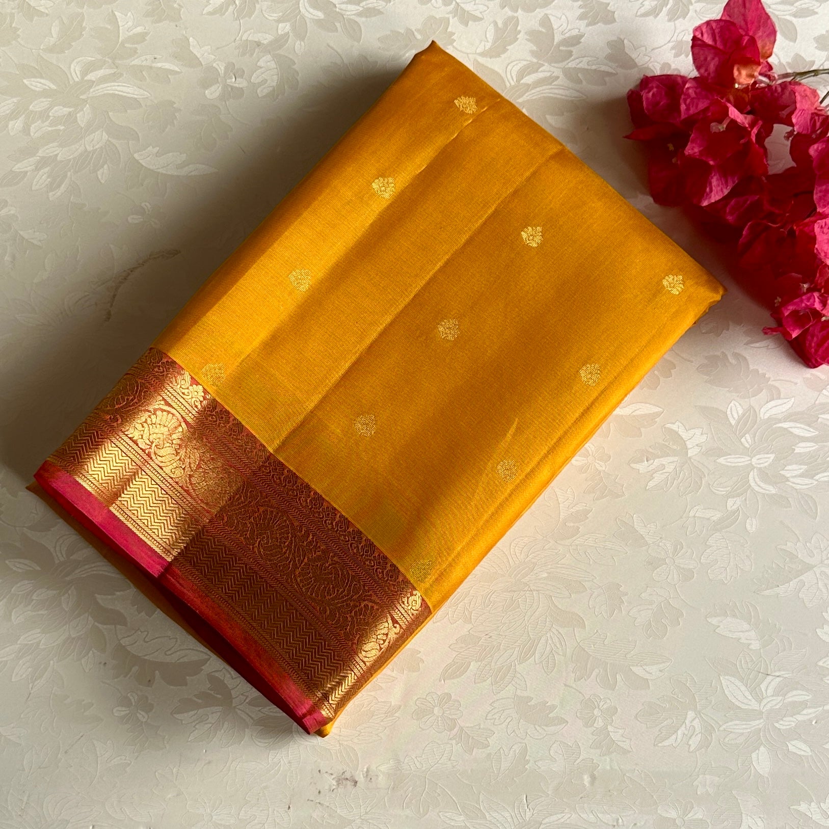 Mustard Yellow Designer Pure Silk Saree With Rani Pink Pallu