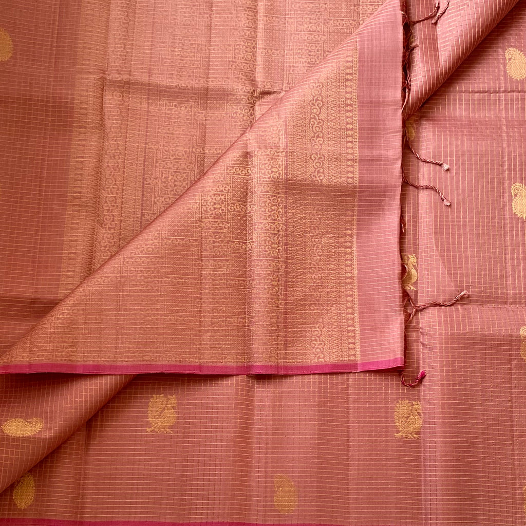 Dusty Rose Woven Saree With Gold Buttas Narrow Magenta Border
