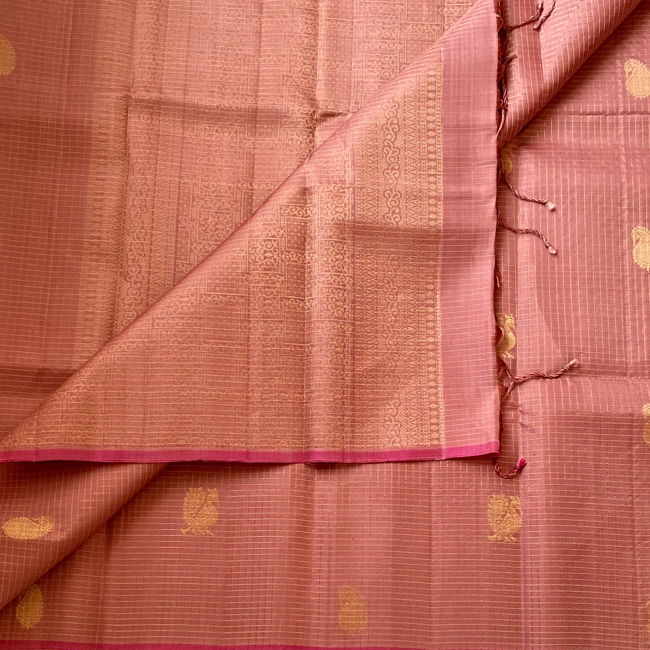 Dusty Rose Woven Saree With Gold Buttas Narrow Magenta Border