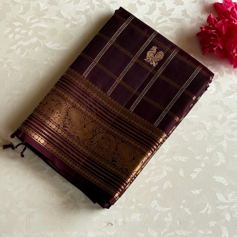 Deep Plum Brown Checkered Designer Pure Silk Saree With Antique Gold Paisley Zari