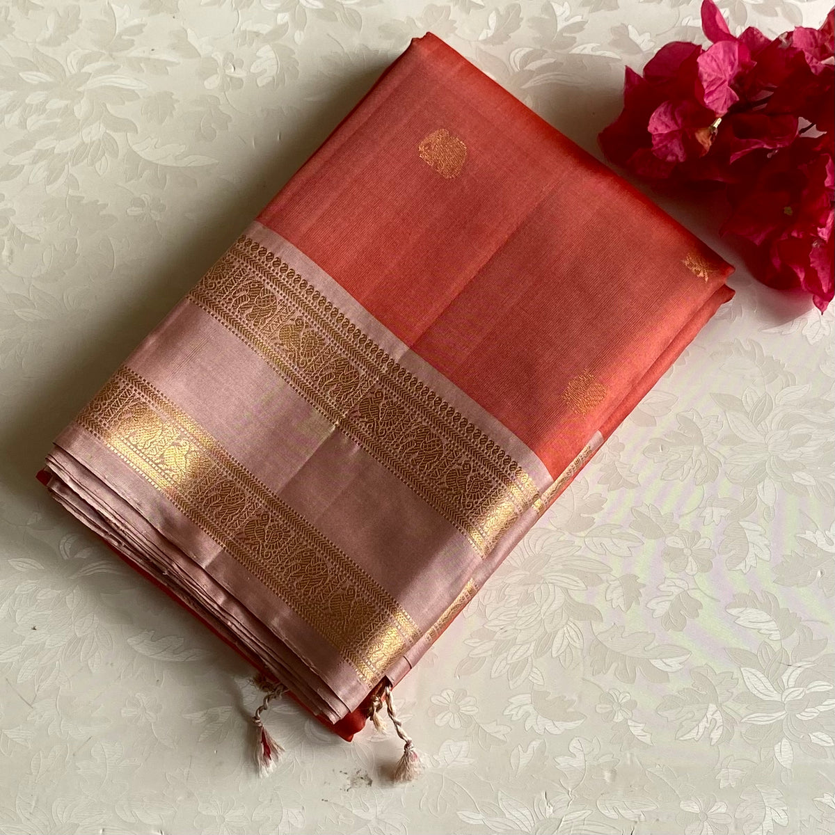 Coral Orange Designer Pure Silk Saree With Dusty Rose Pallu