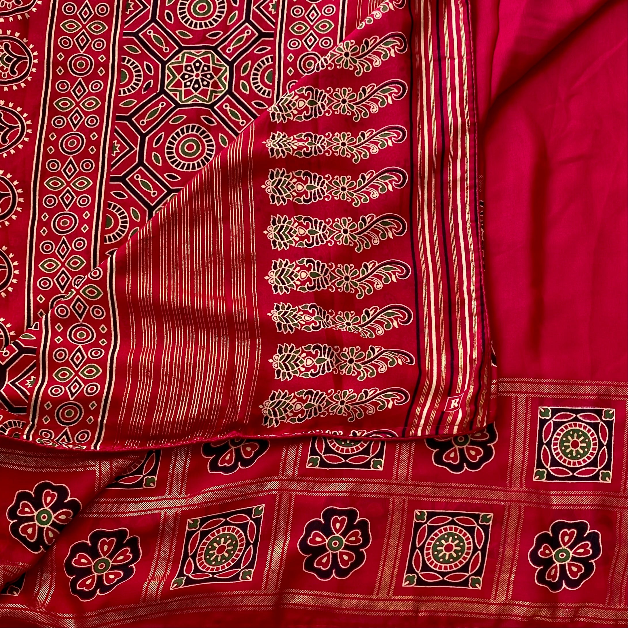 Fuchsia Paisley Geometric Saree with Gold Floral Border Festive