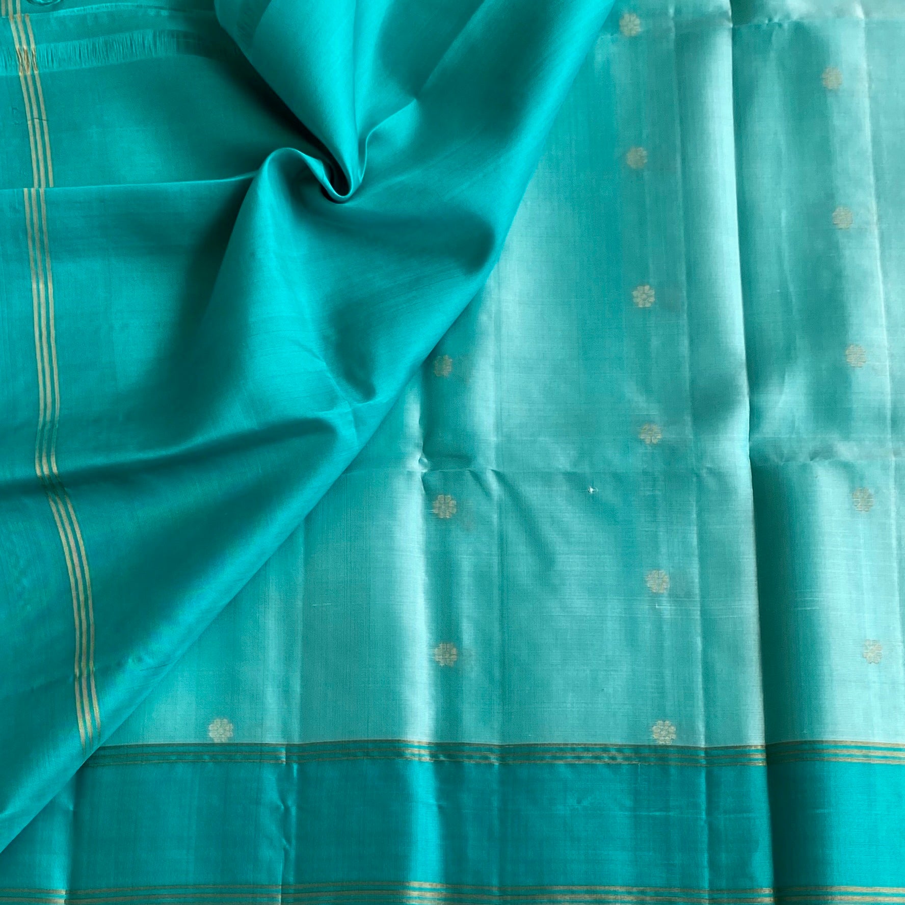 Dreamy Aqua Blue With Turquoise Blue Designer Pure Silk