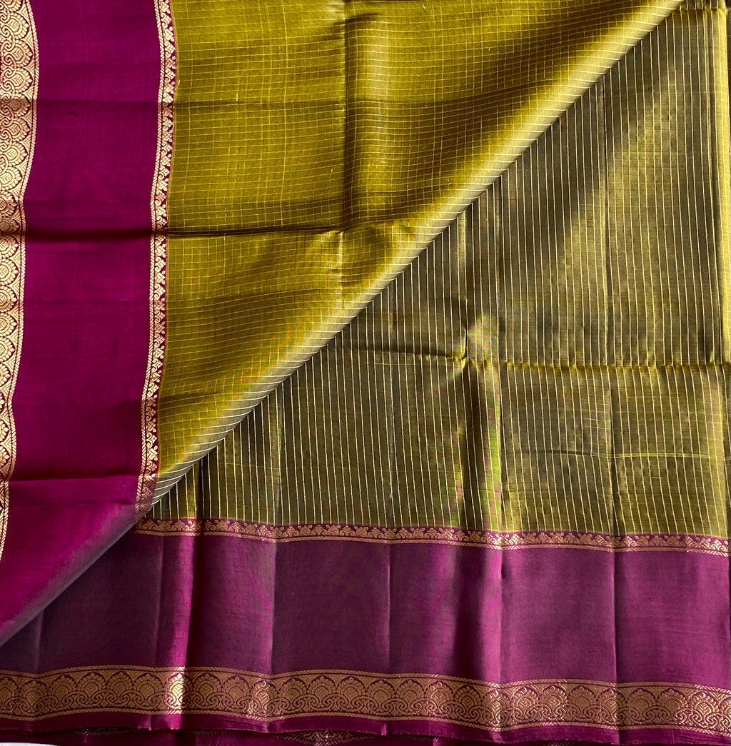 Deep Magenta Silk Saree Gold Zari Floral Motifs Olive Border