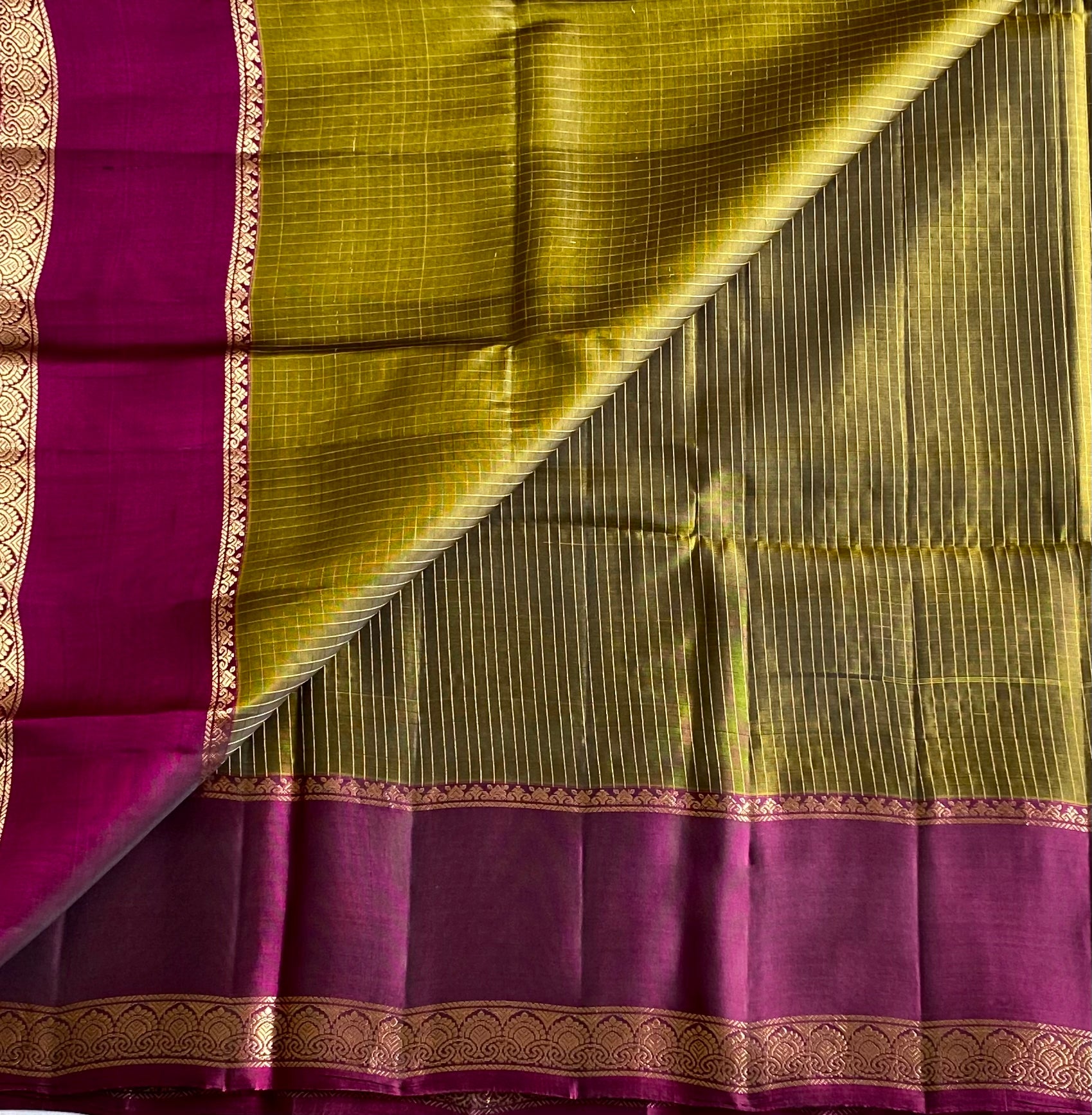 Deep Magenta Silk Saree Gold Zari Floral Motifs Olive Border
