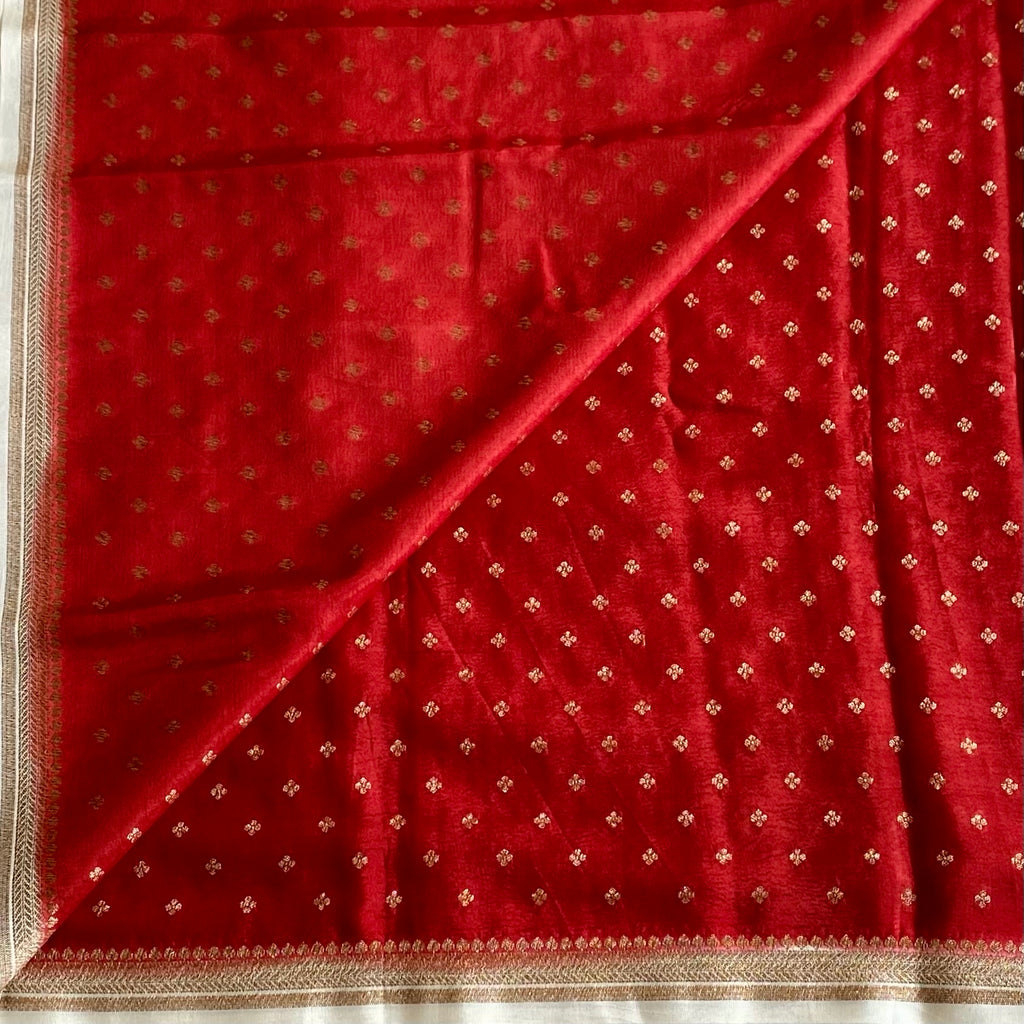 Crimson Red Banarasi Crepe Silk Saree With Ivory Pallu And Gold Buti