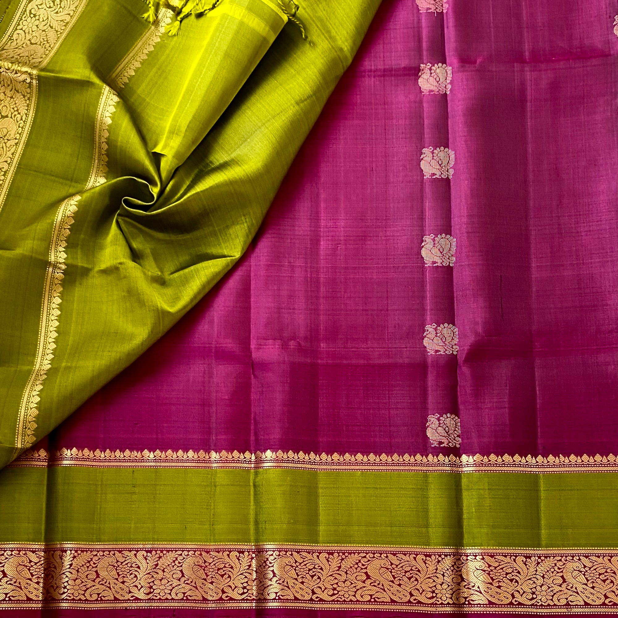 Exclusive Magenta with Olive green Handwoven Pure silk