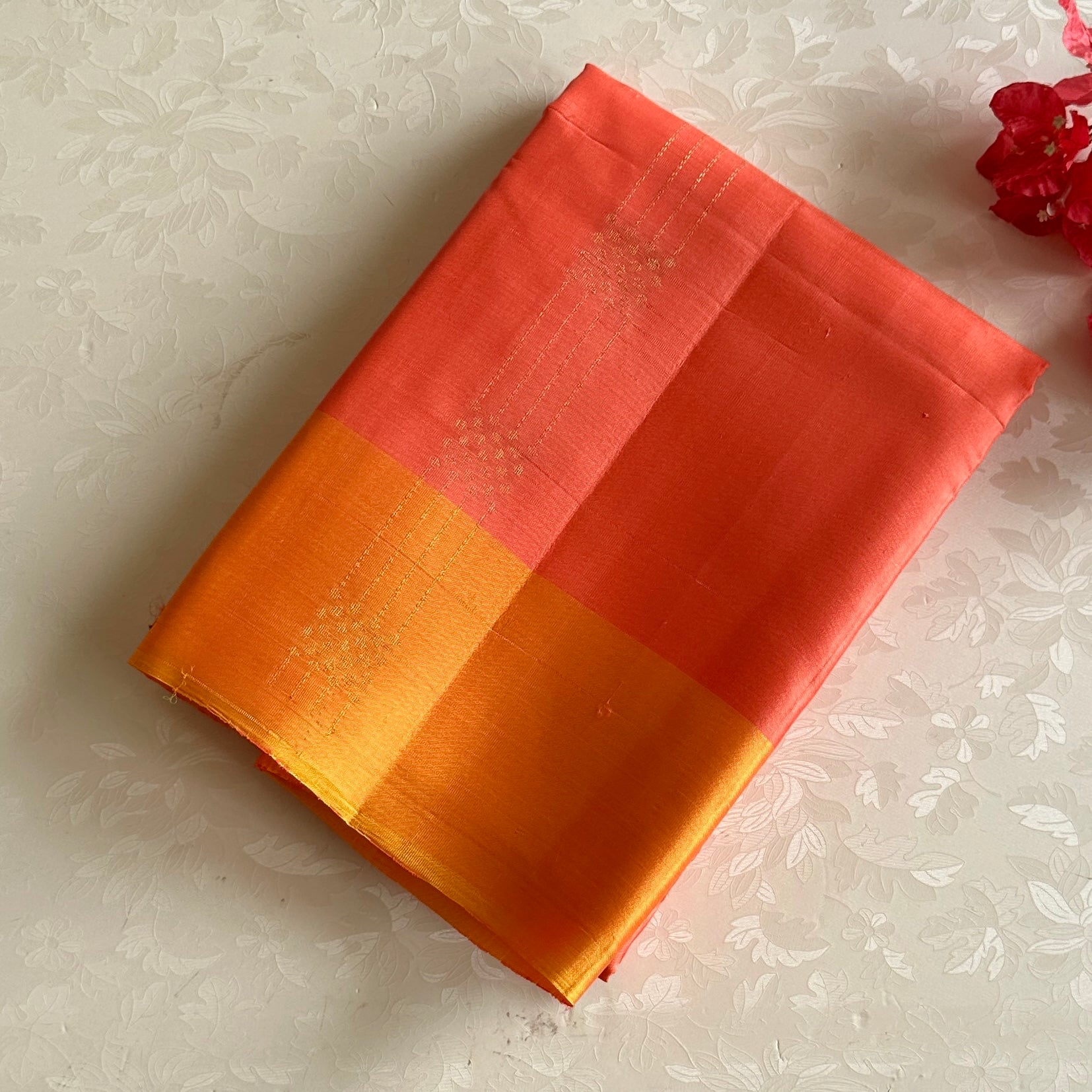 Coral Peach Designer Pure Silk with mustard Orange Lightweight Beauty