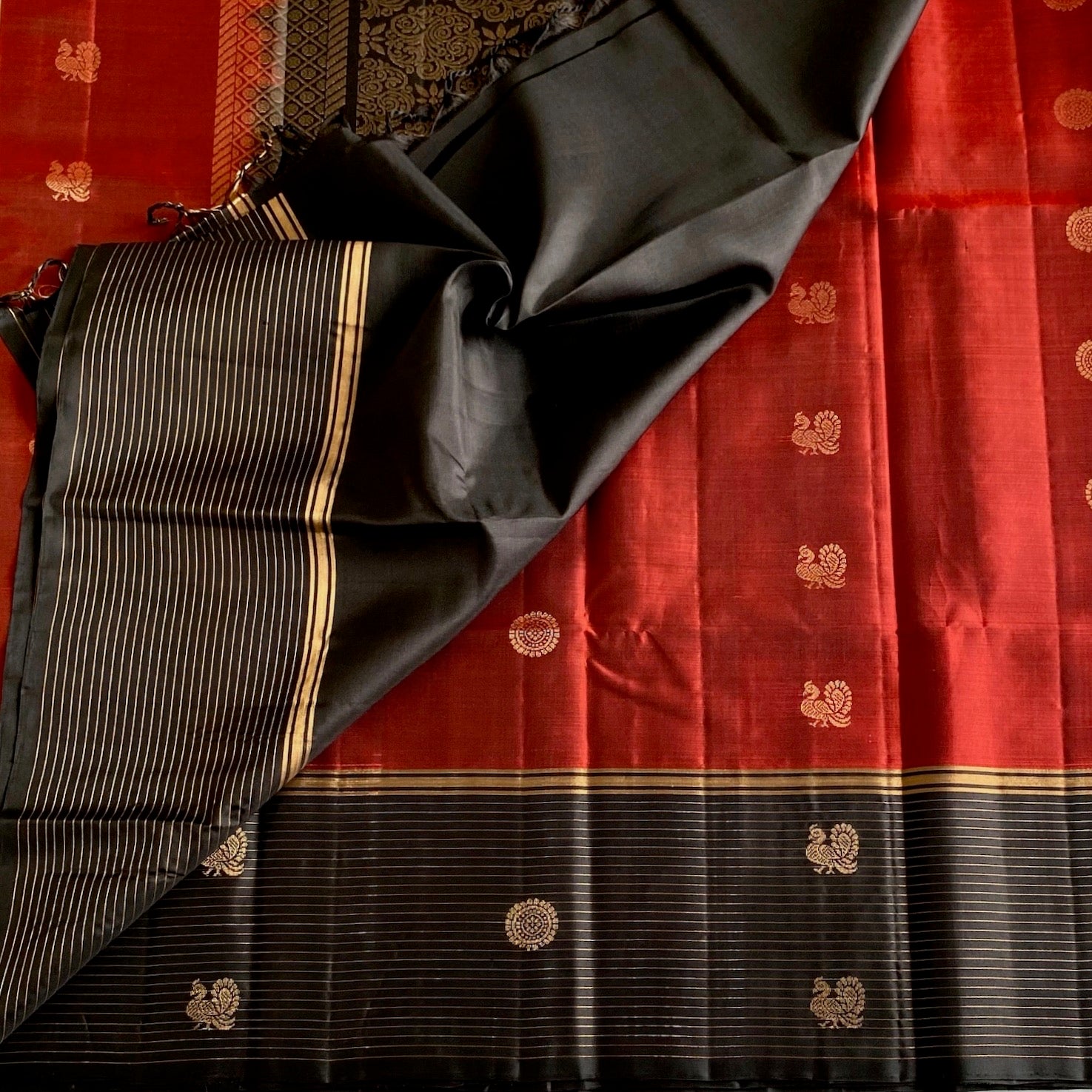 Jet Black Designer Pure Silk Saree With Crimson Red Border